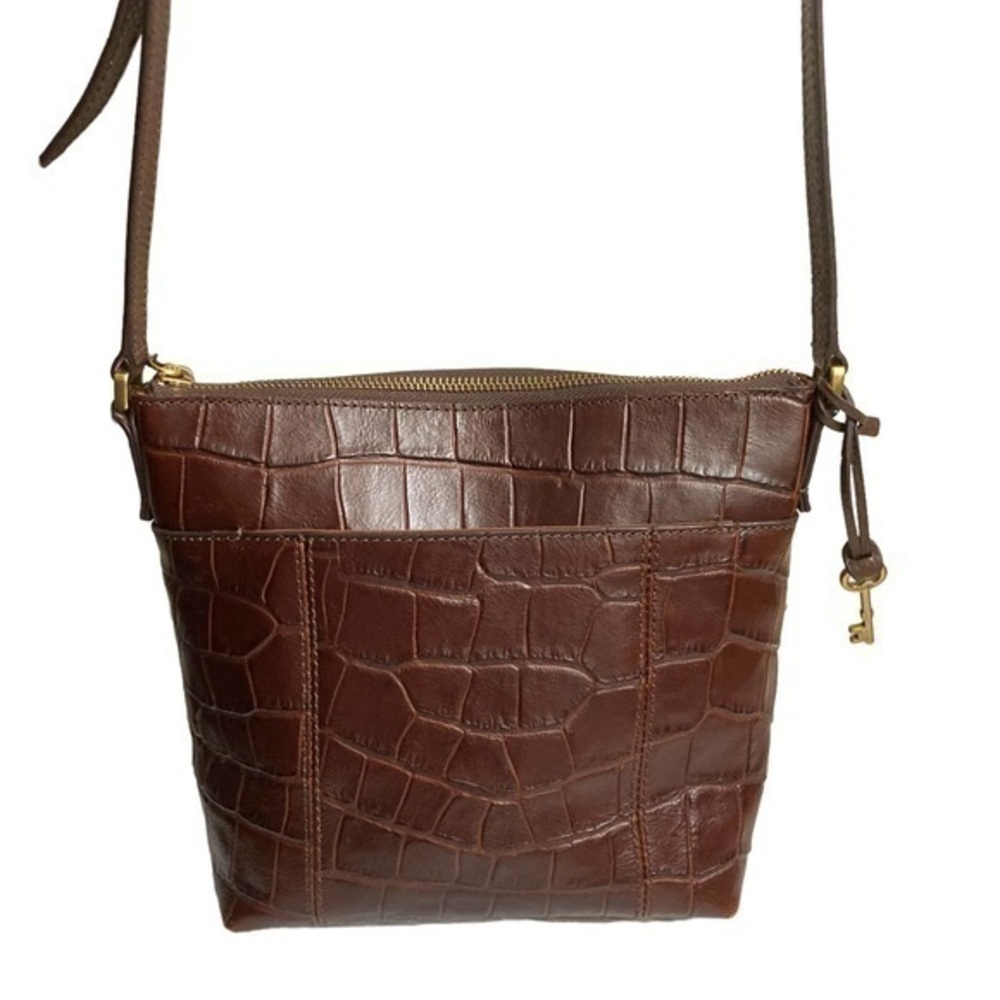 Fossil brown croc embossed leather messenger bag